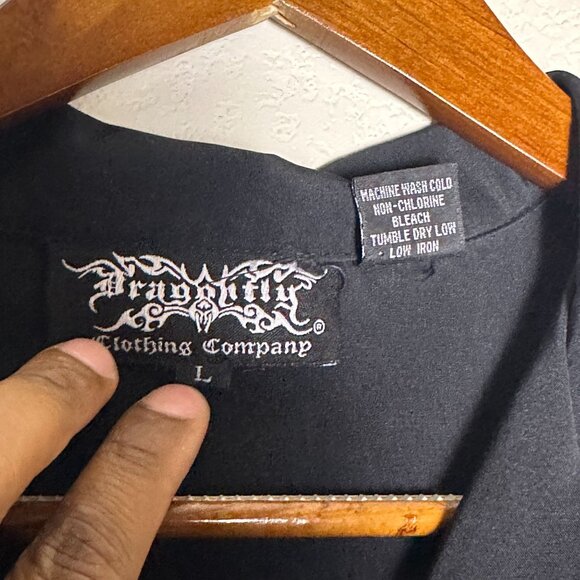 Dragonfly Men L Embroidered Y2K Western Tribal Pattern Blue Button Up Shirt Rock - Picture 4 of 12